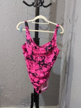 Aqua Green Bright Pink and Black Floral Swim Piece